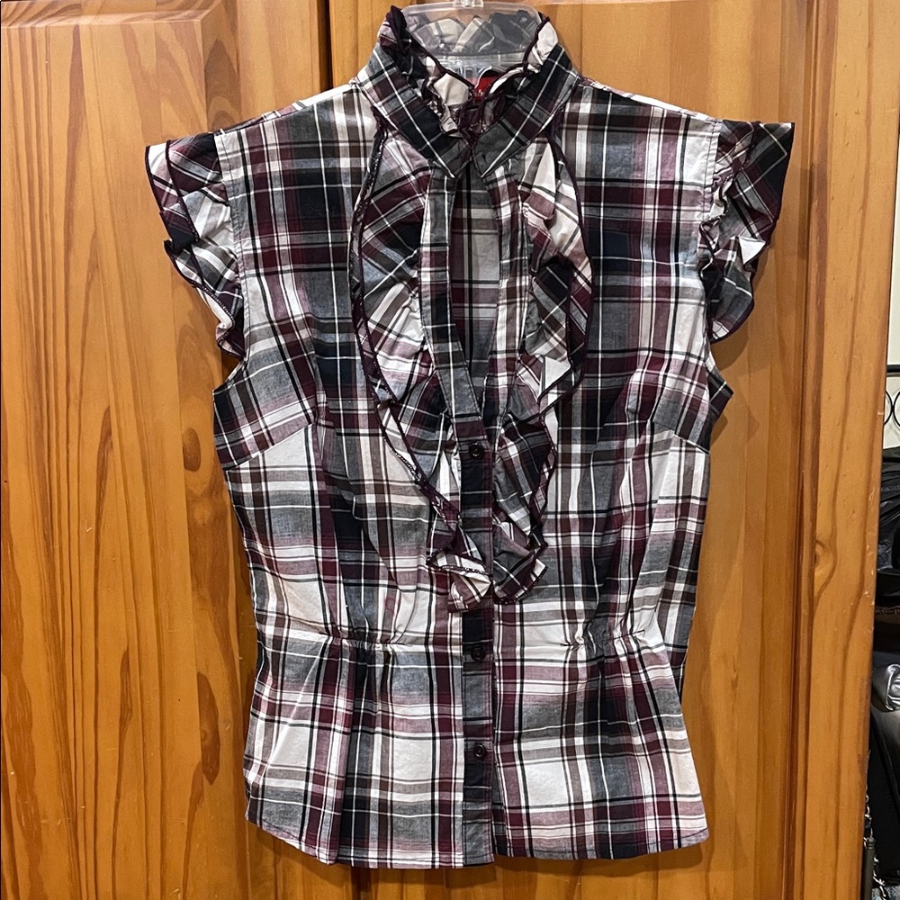 VINTAGE! Ruffled High Neck Plaid Sleeveless Blouse - Burgundy/Black/White